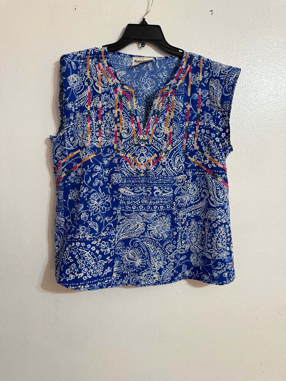 Savanna Jane Blue Paisley Embroidered Sleeveless Blouse Size L Classic